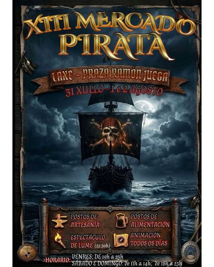 Cartel del XIII Mercado Pirata de Laxe en la Praza Ramón Juega
