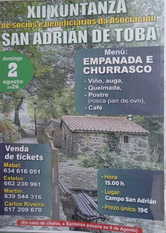 Cartel de la XIII Xuntanza de socios y beneficiarios de la Asociación San Adrián de Toba, el 2 de agosto de 2026.