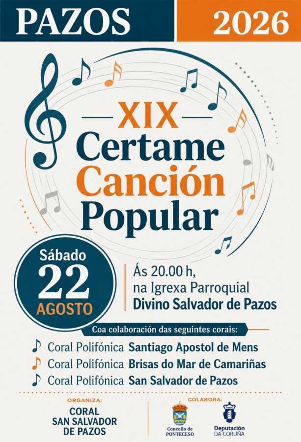 Cartel del XIX Certame Canción Popular de Pazos 2026 con tres corales participantes