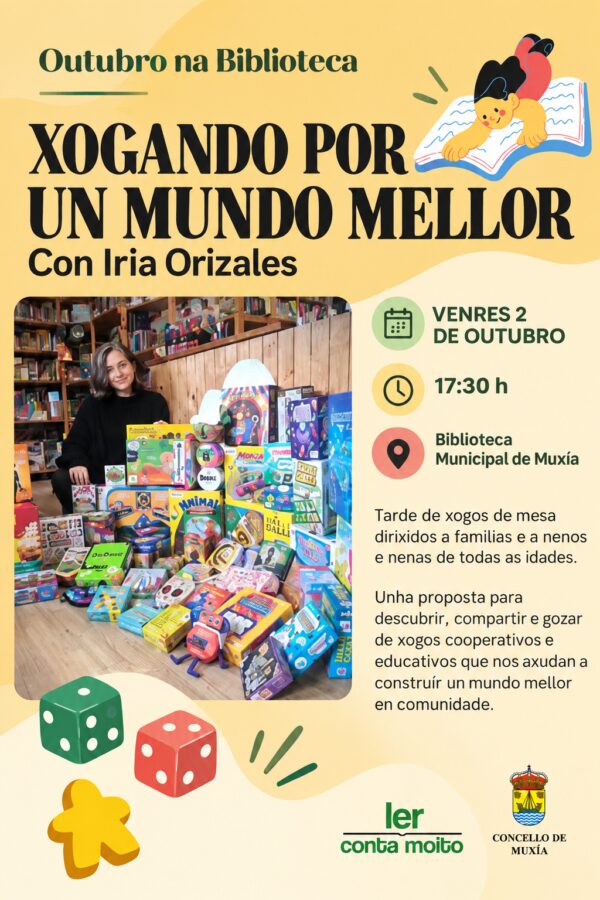 Xogando por un mundo mellor con Iria Orizales na Biblioteca Municipal de Muxía o 2 de outubro de 2026