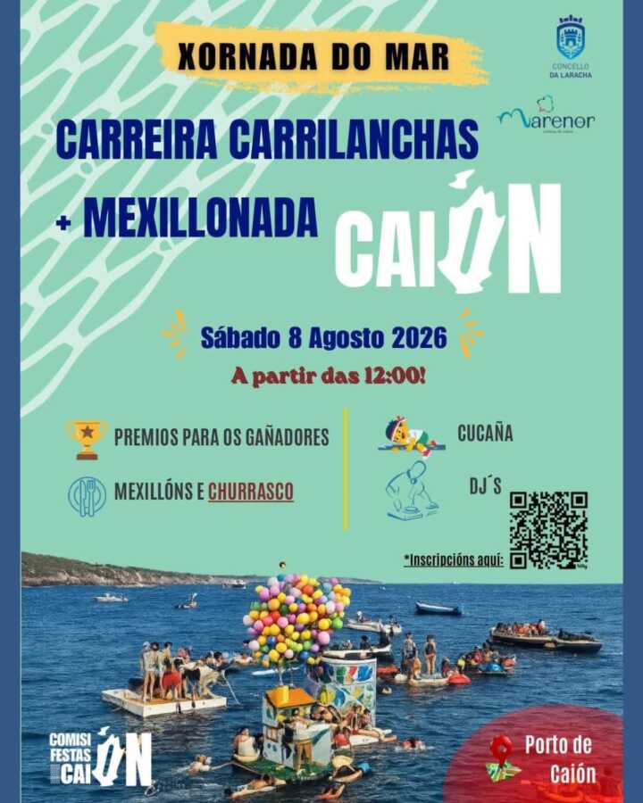 Cartel de la Xornada do Mar 2026 en Caión con carrera de carrilanchas, mexillonada y actividades en el puerto