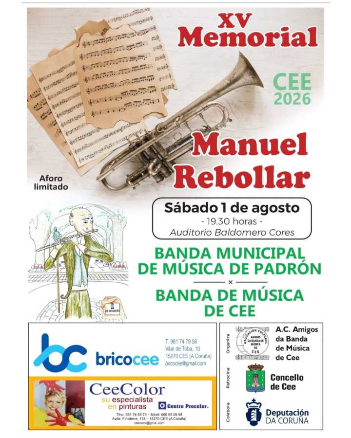 Cartel del XV Memorial Manuel Rebollar en Cee, con las bandas de música de Padrón y Cee