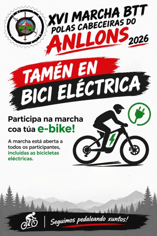 Cartel de la XVI Marcha BTT polas Cabeceiras do Anllóns 2026, aberta tamén a bicicletas eléctricas