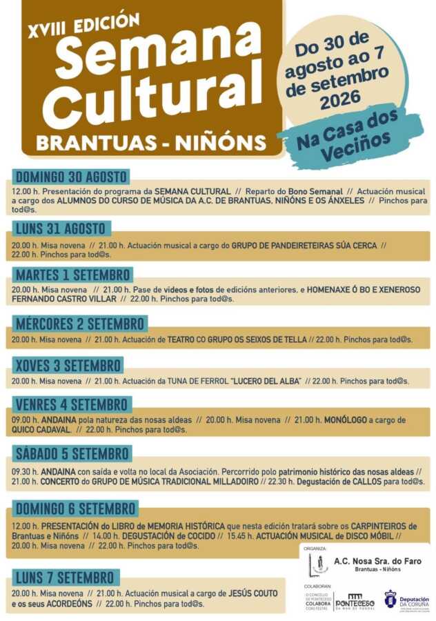 Cartel de la XVIII Semana Cultural de Brantuas-Niñóns 2026, del 30 de agosto al 7 de septiembre en la Casa dos Veciños