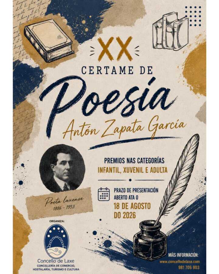 Cartel del XX Certame de Poesía Antón Zapata García de Laxe, con plazo de presentación hasta el 18 de agosto de 2026