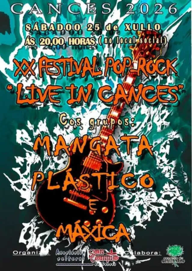 Cartel del XX Festival Pop-Rock Live in Cances 2026 con Mangata, Plástico y Máxica