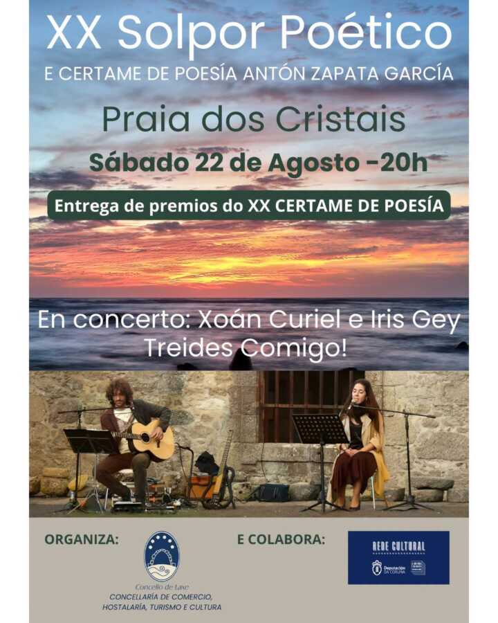 Cartel del XX Solpor Poético en la Praia dos Cristais de Laxe, con entrega de premios y concierto de Xoán Curiel e Iris Gey