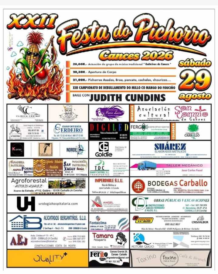 Cartel da XXII Festa do Pichorro de Cances 2026, o sábado 29 de agosto, con música tradicional, gastronomía e baile.
