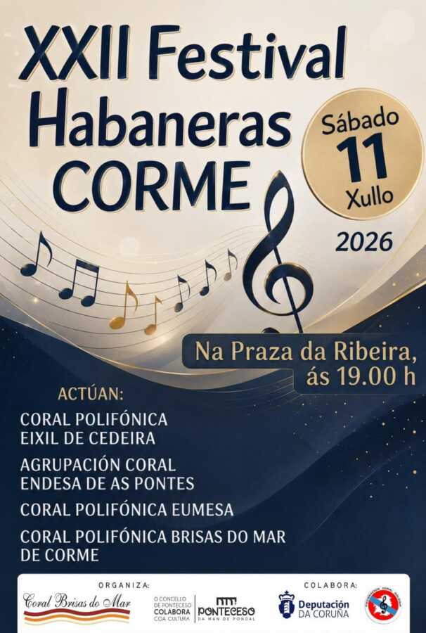 Cartel del XXII Festival Habaneras Corme, el sábado 11 de julio de 2026 a las 19:00 h en la Praza da Ribeira.