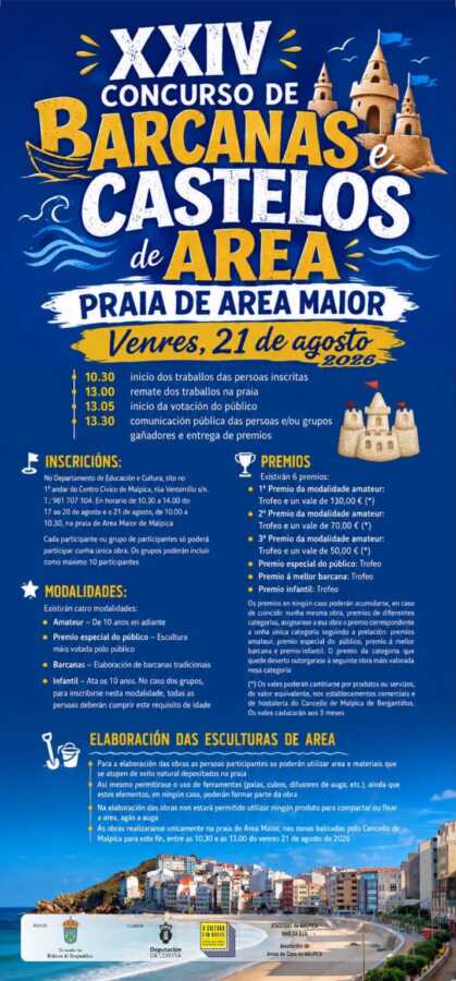 Cartel del XXIV Concurso de Barcanas e Castelos de Area en la Praia de Area Maior de Malpica, 21 de agosto de 2026