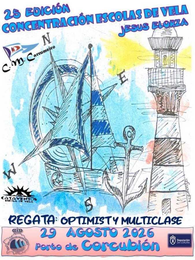 Cartel de la 25ª Concentración Escola de Vela Jesús Elorza en Corcubión, regata Optimist y multiclase del 29 de agosto de 2026
