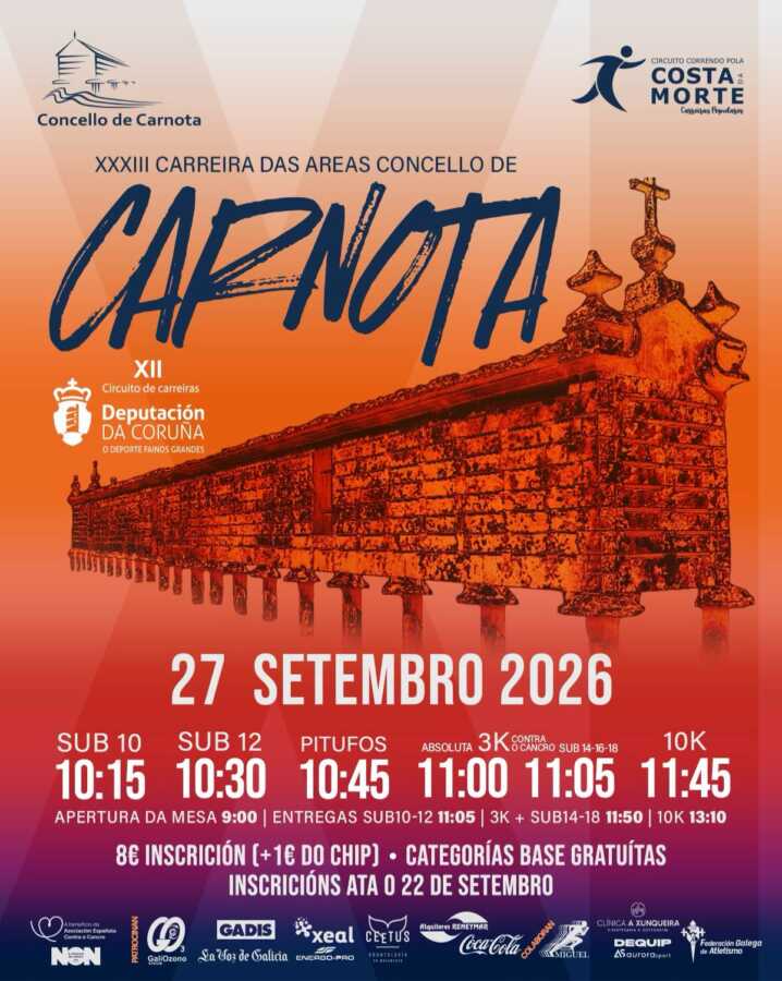 Cartel de la XXXIII Carreira das Areas Concello de Carnota, 27 de setembro de 2026
