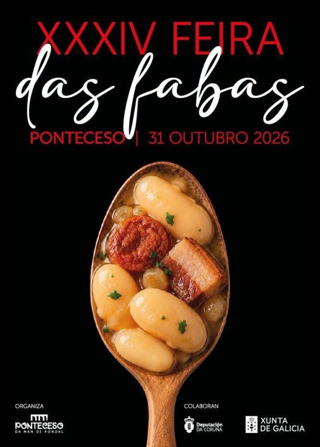 Cartel oficial de la XXXIV Feira das Fabas de Ponteceso del 31 de octubre de 2026, con un plato tradicional de fabas.