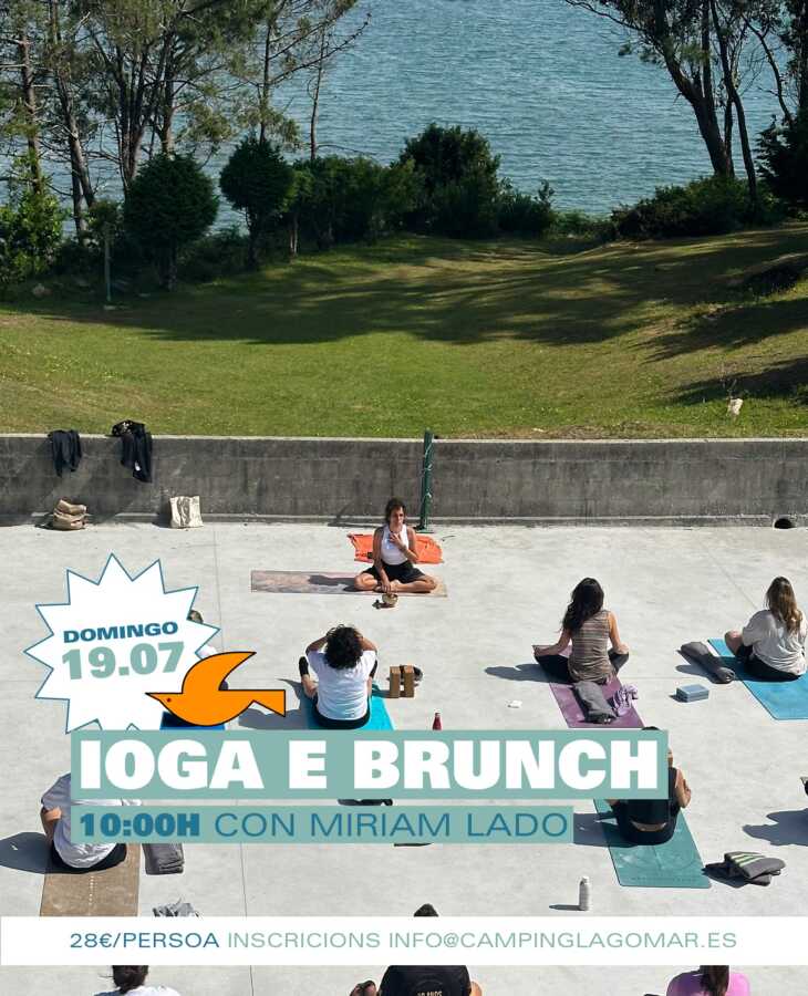 Cartel de yoga y brunch con Miriam Lado en Lagomar Camping el 19 de julio