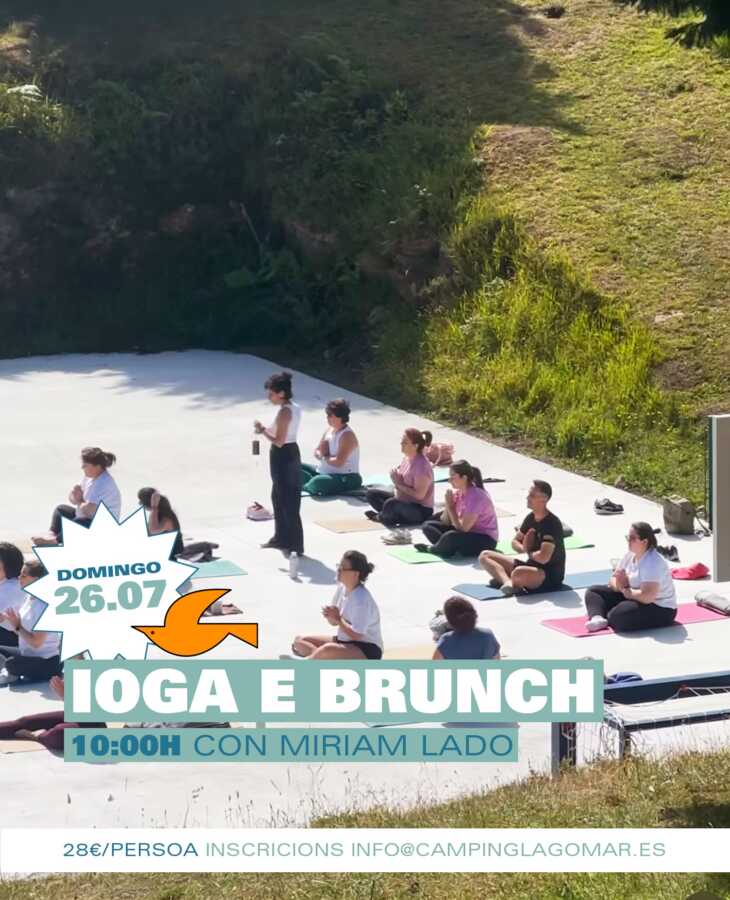 Cartel de yoga y brunch con Miriam Lado en Lagomar Camping el 26 de julio
