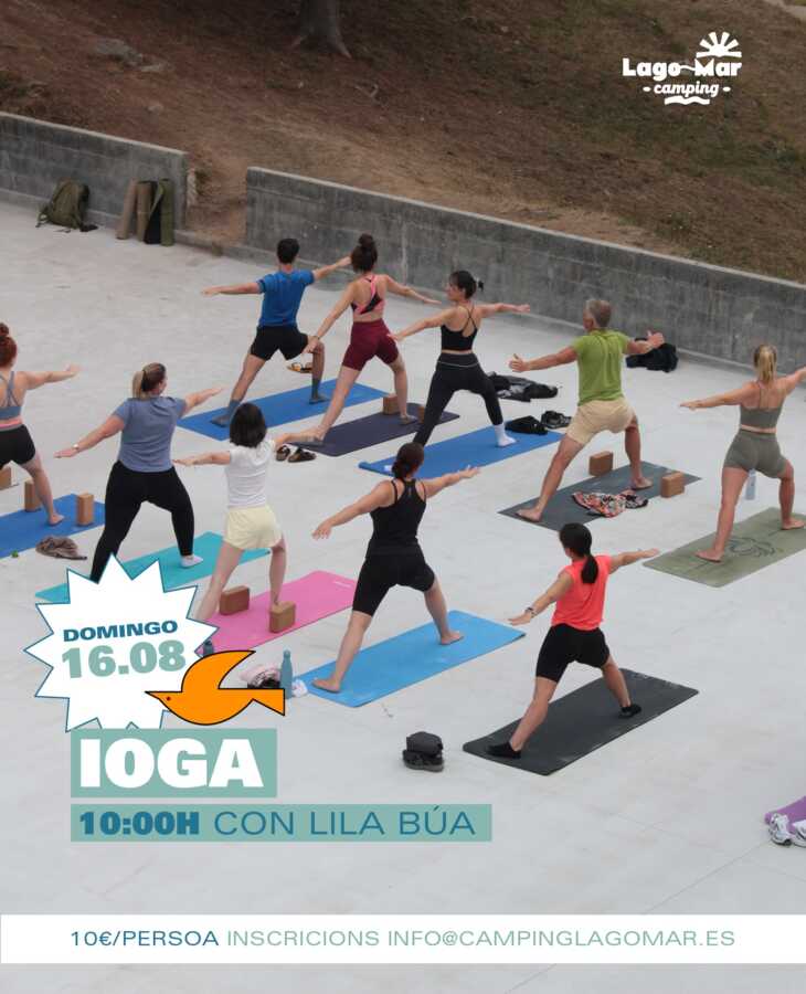 Cartel de sesión de ioga en Camping Lago-Mar con Lila Búa, domingo 16 de agosto a las 10:00.